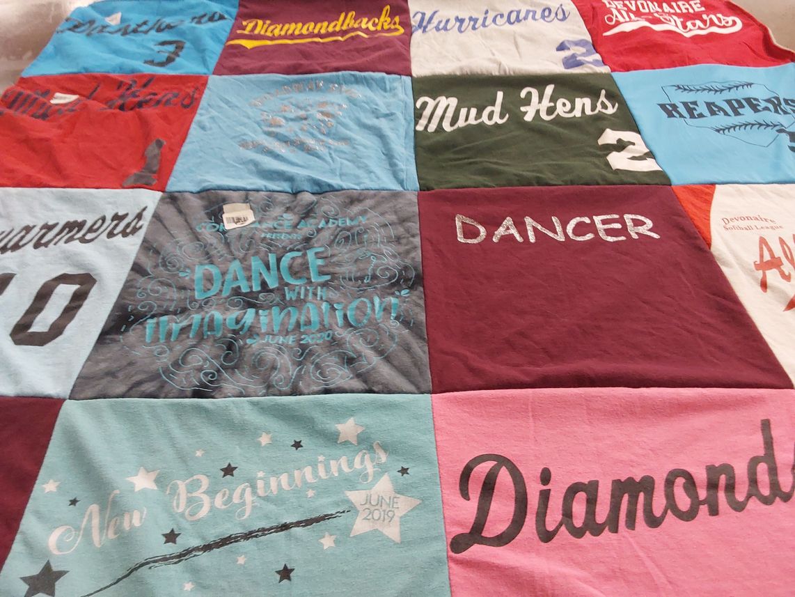 T-shirt quilt with dance, softball themes by Crystal from MI