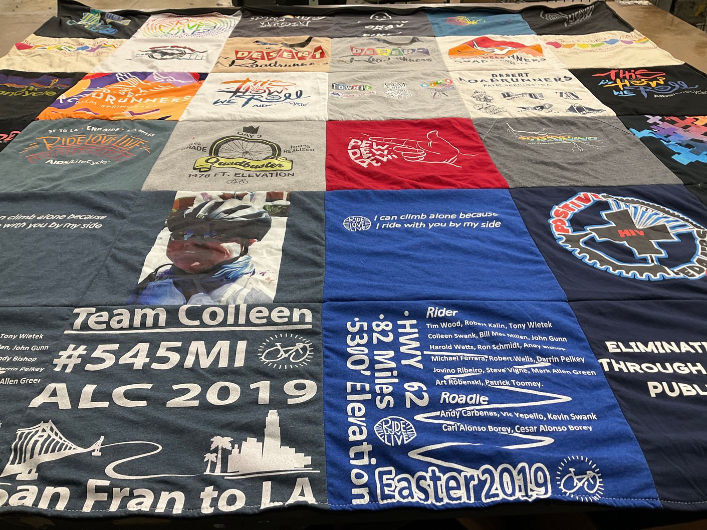 T-shirt quilt with bicycling, cycling themes by Colleen from CA