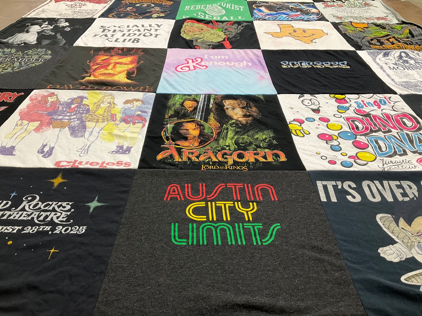 T-shirt quilt with music, movies themes by Jo from CO
