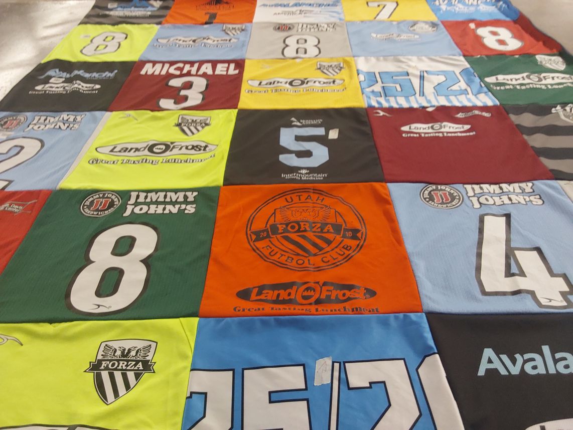 T-shirt quilt with soccer, sports themes by Amber from UT