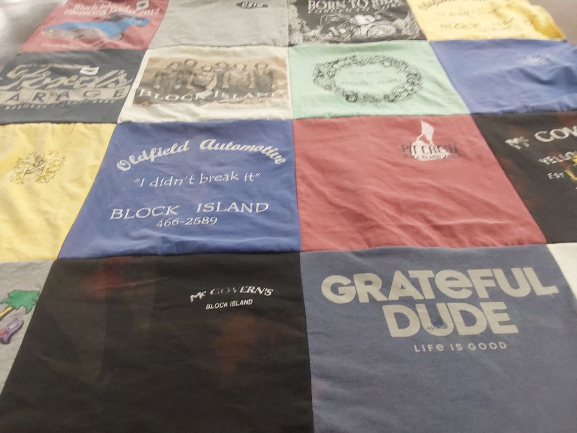 T-shirt quilt with automotive, beach themes by Sallie from RI