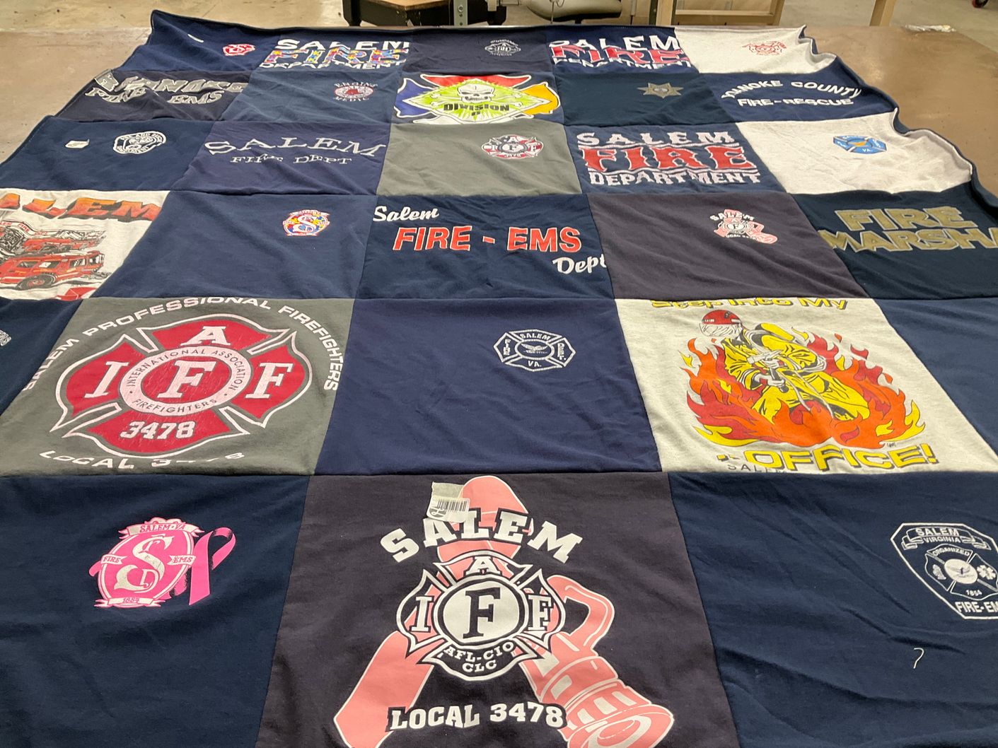 T-shirt quilt with emergency services, firefighting themes by EVA from VA