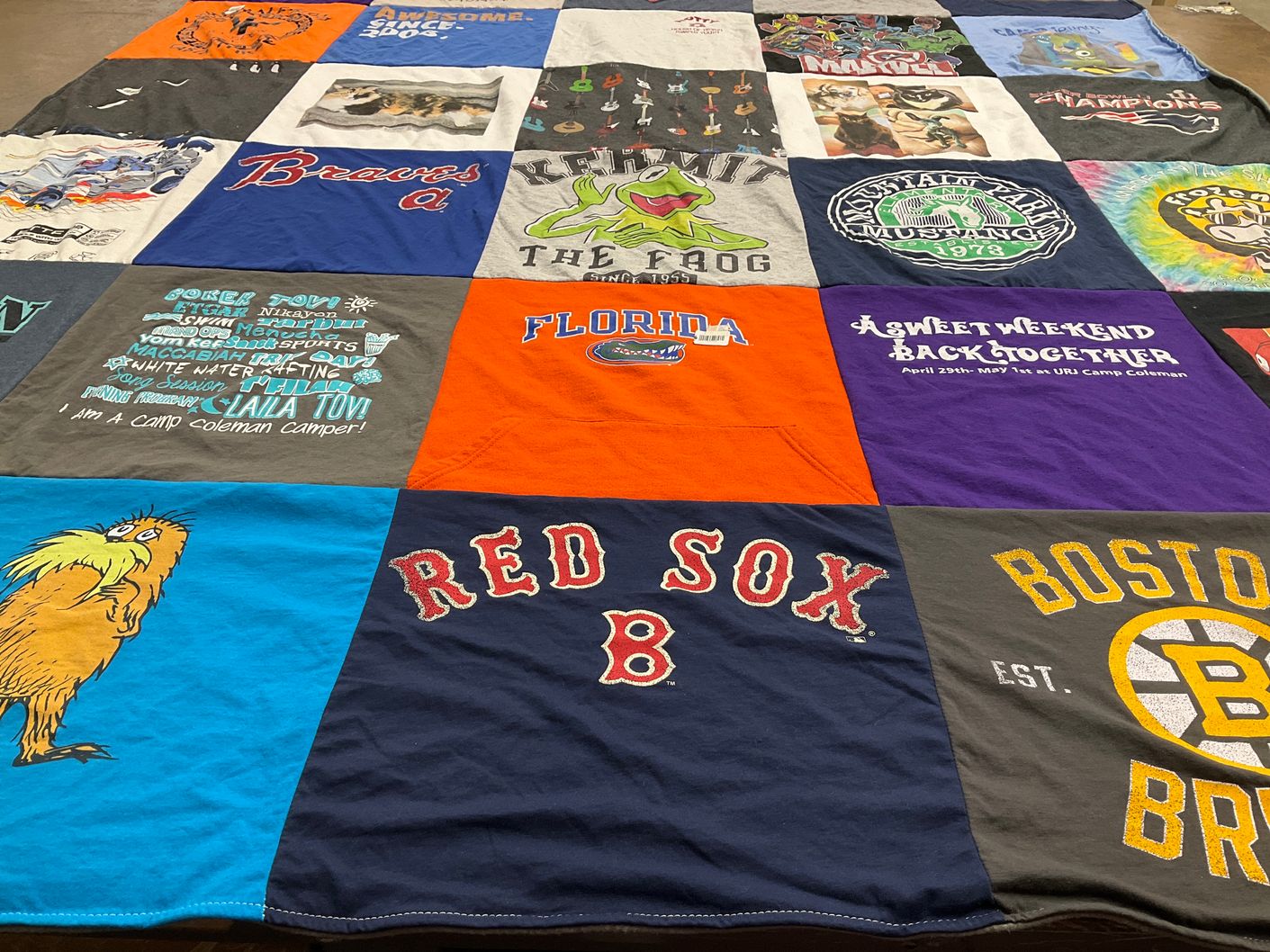 T-shirt quilt with camping, sports themes by Traci from GA