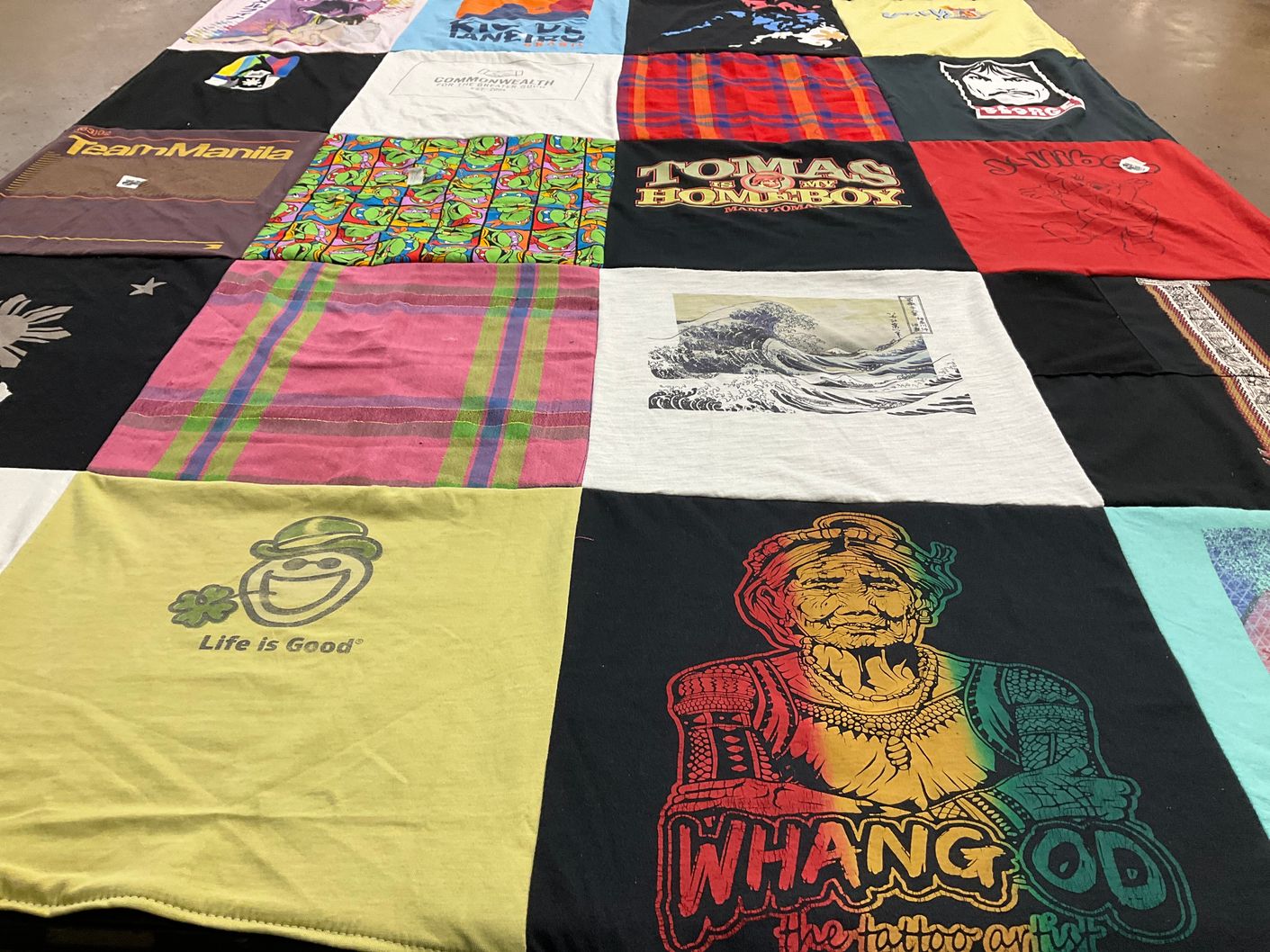 T-shirt quilt with tattoos, art themes by Bernadette from VA