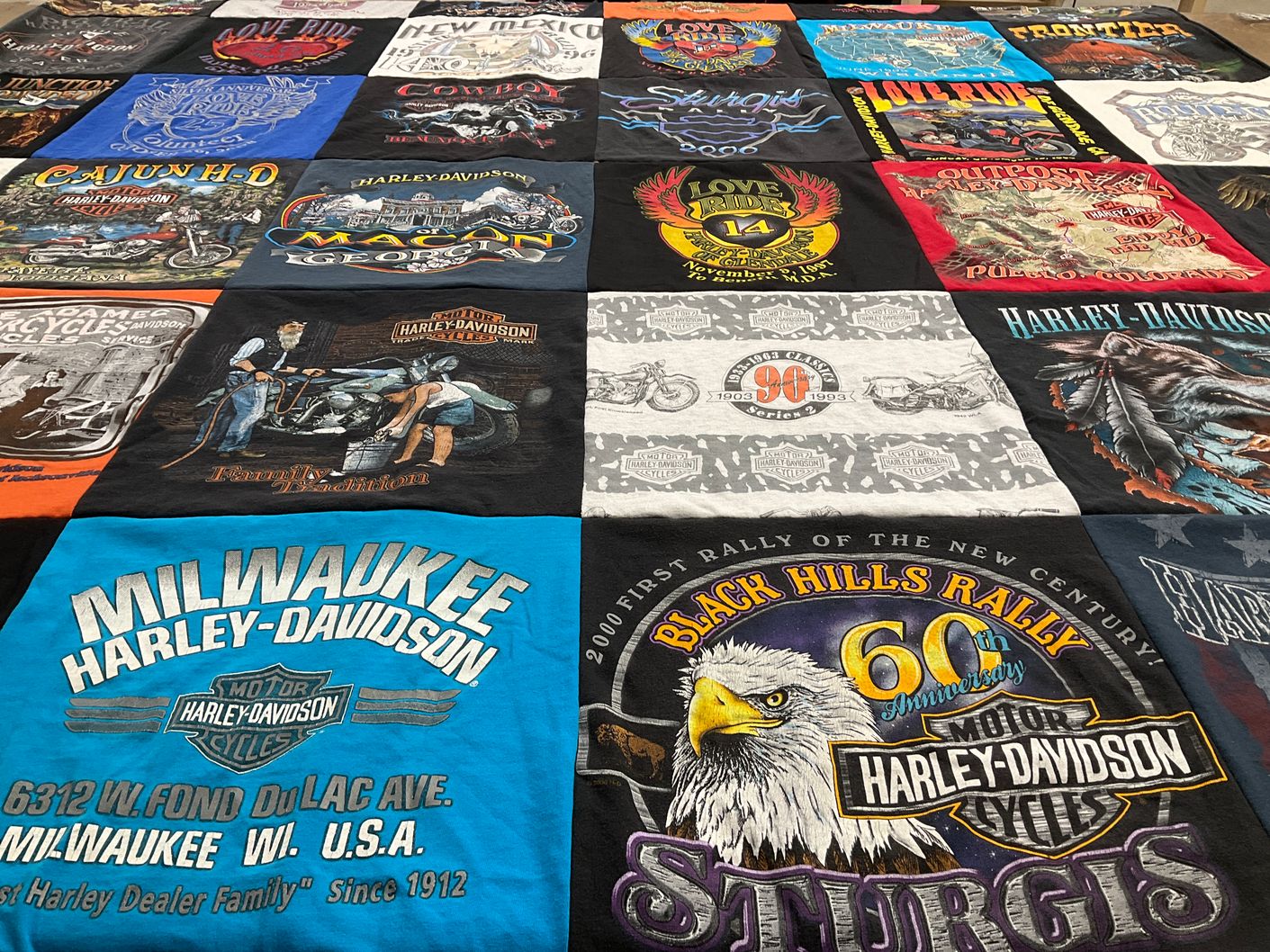 T-shirt quilt with motorcycles, biking themes by Brittany from CA