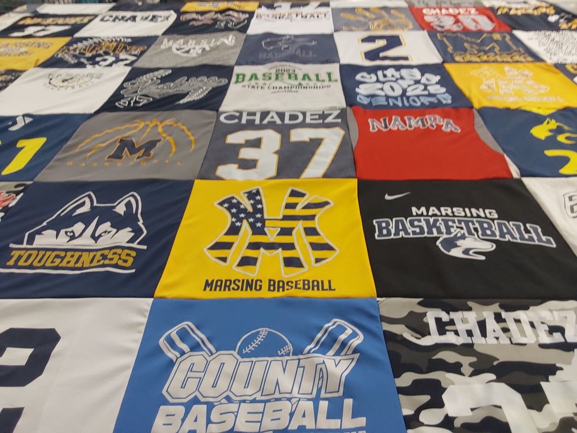 T-shirt quilt featuring marsing baseball, marsing basketball by Amy from ID