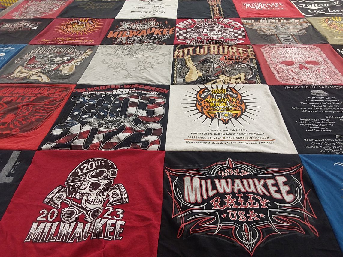T-shirt quilt with motorcycles, tattoos themes by Stuart from CA