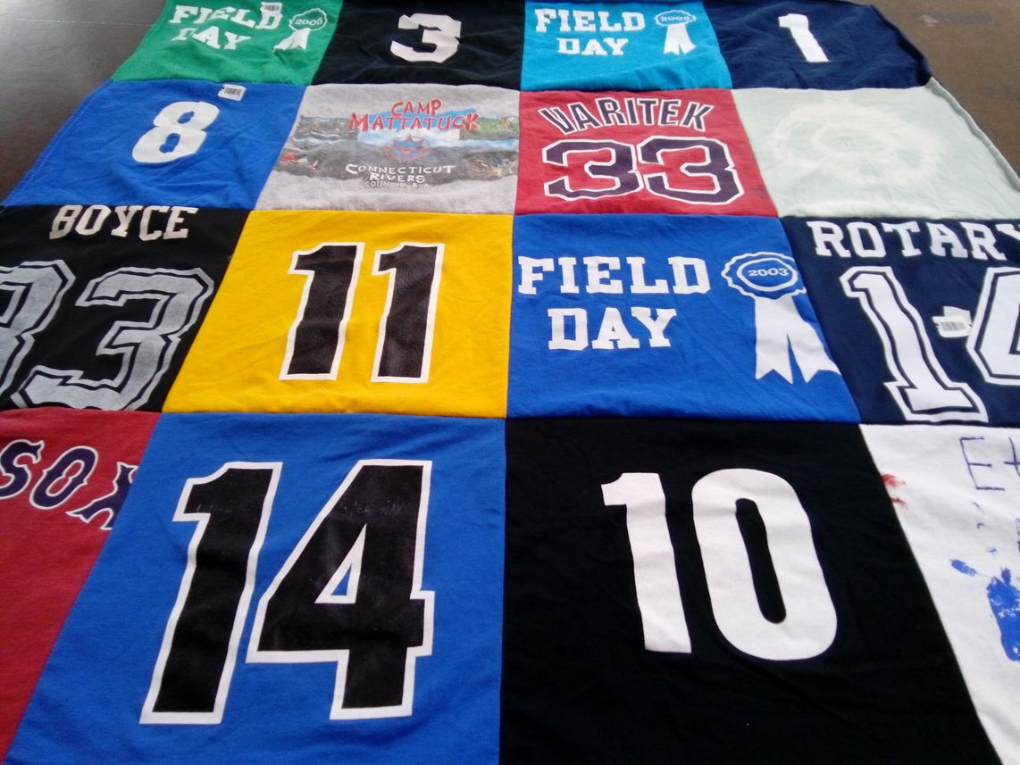 T-shirt quilt with sports, camps themes by Verna from CT