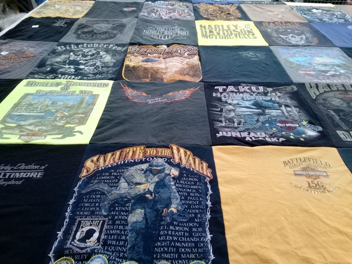 T-shirt quilt with motorcycles, biking themes by Dominic from MD