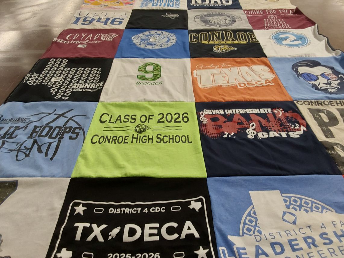 T-shirt quilt from conroe high school, cryar intermediate school by Dayren Carlisle from TX