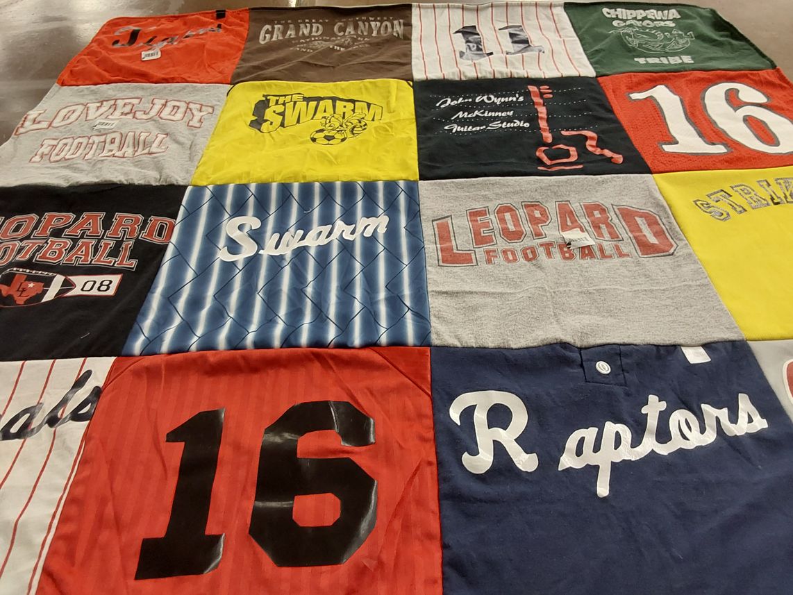 T-shirt quilt featuring leopard football, swarm by Cynthia from FL