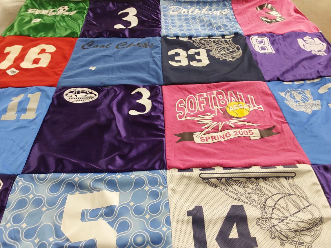 T-shirt quilt with sports, softball themes by Cynthia from TX