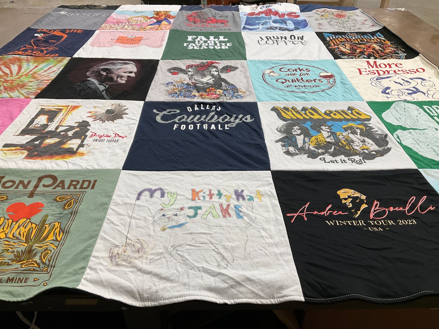 T-shirt quilt with country music, coffee themes by Katie from IA