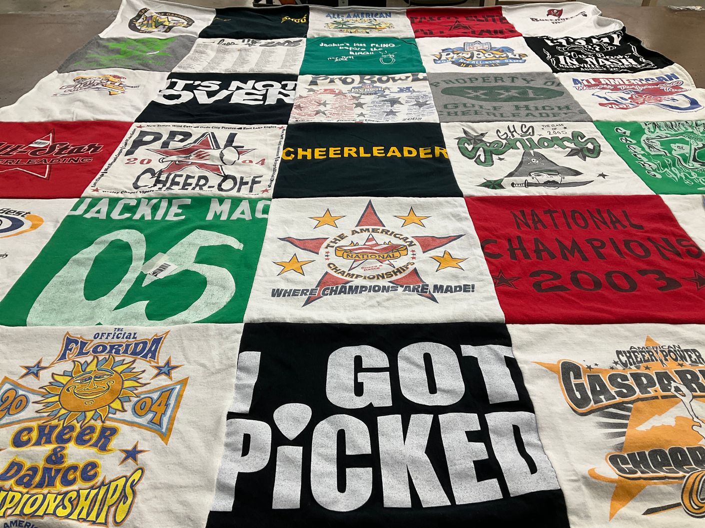 T-shirt quilt with cheerleading, cheer themes by Jackie from FL