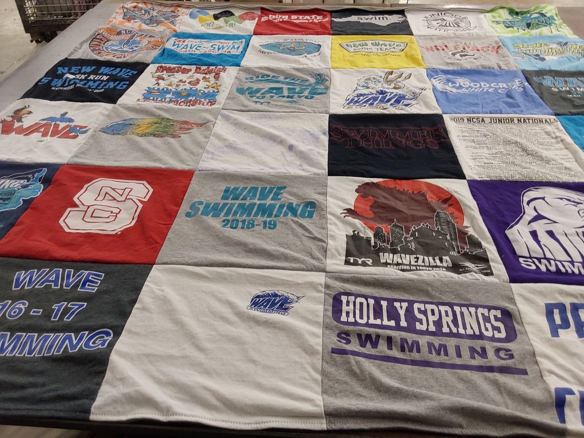 T-shirt quilt featuring nc state swimming, wave swimming by Claire from NC