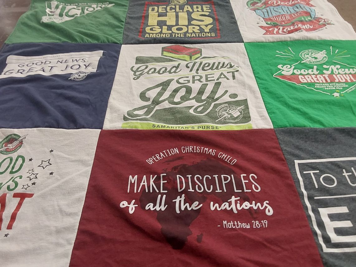 T-shirt quilt with charity, christianity themes by Deborah from PA