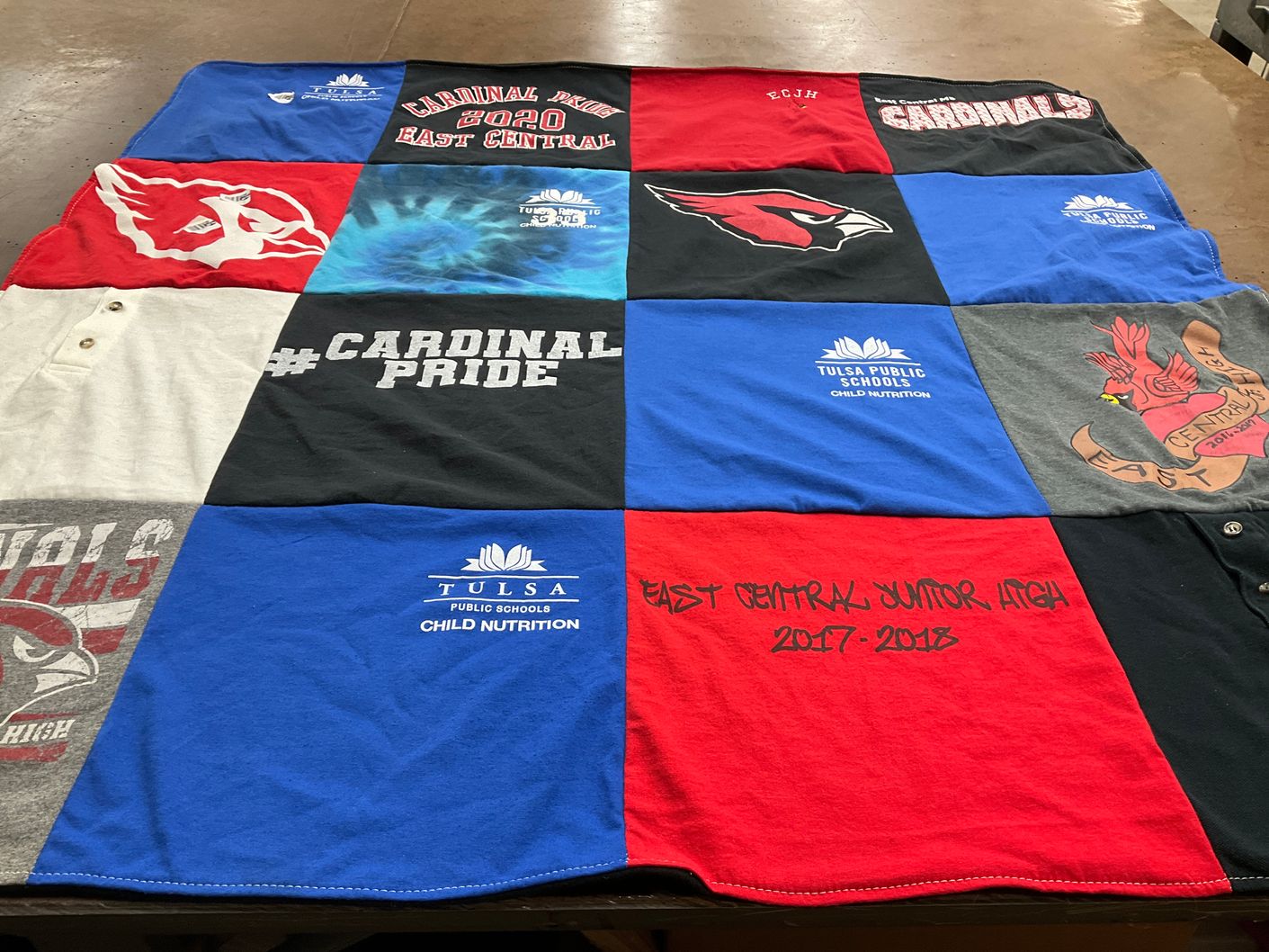 T-shirt quilt featuring east central junior high school cardinals by Maureen from OK