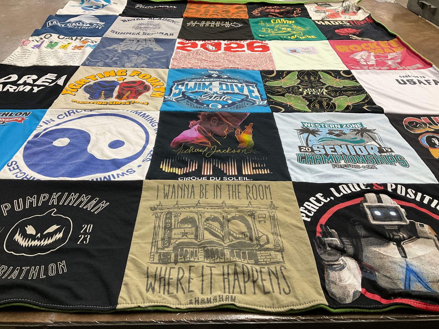 T-shirt quilt with swimming, sports themes by Jillian from CO