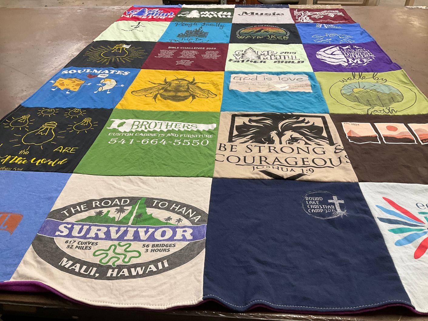 T-shirt quilt with religion, camping themes by Jeanese from OK