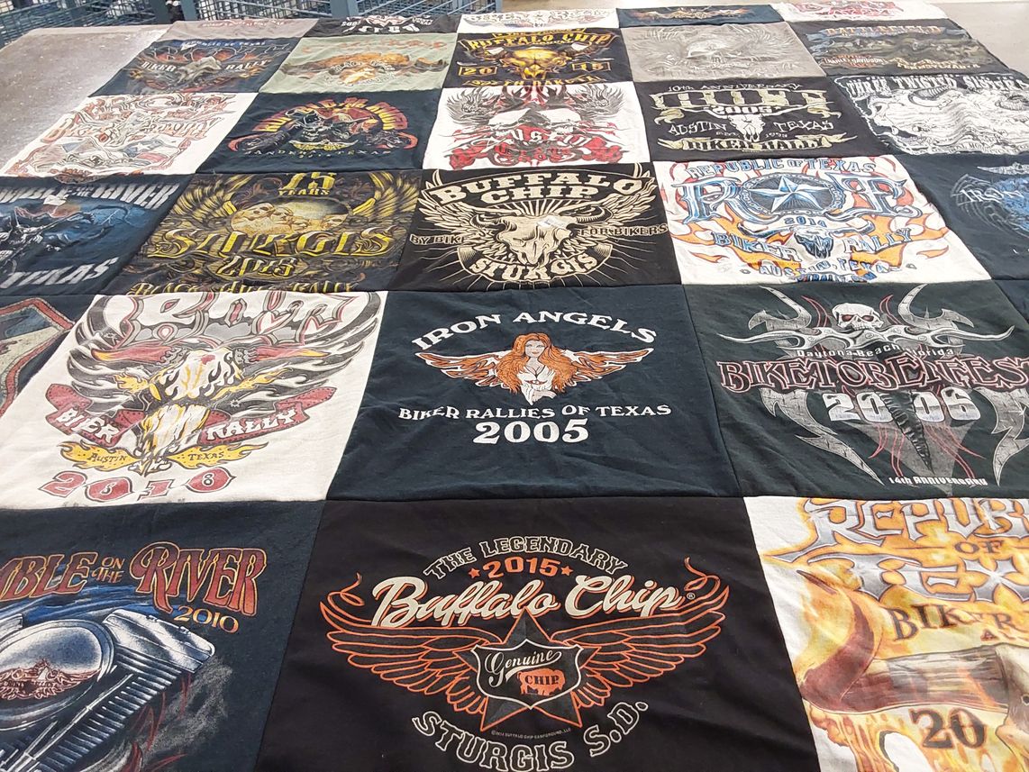 T-shirt quilt with motorcycling, biking themes by Angela from TX