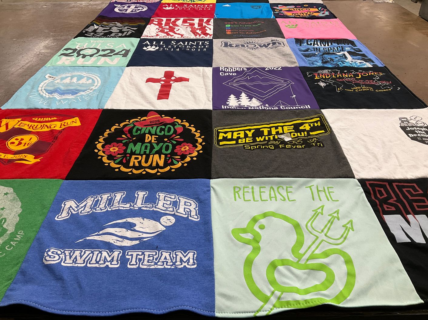 T-shirt quilt with camping, swimming themes by Stacy from OK