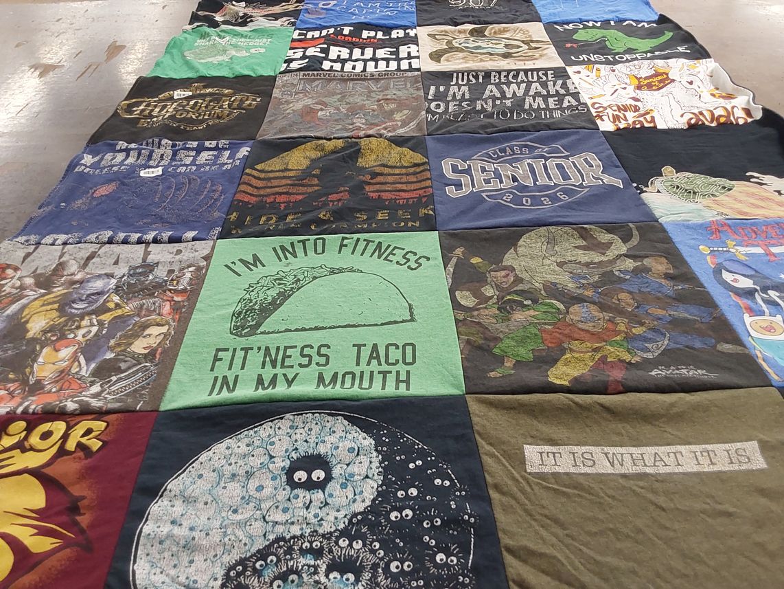 T-shirt quilt with fitness, humor themes by Deanna from AK