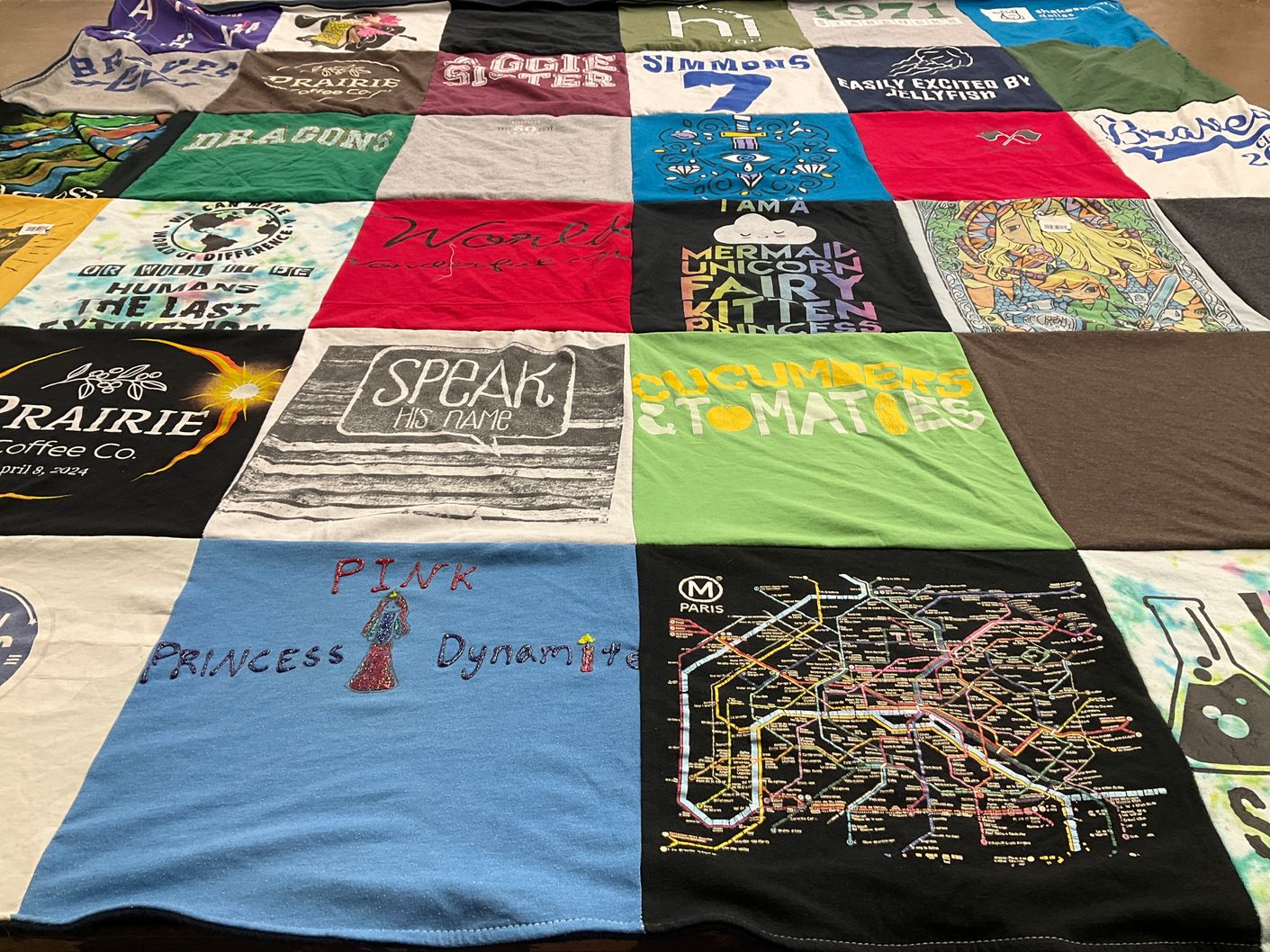 T-shirt quilt with coffee, mermaids themes by Pam from HI