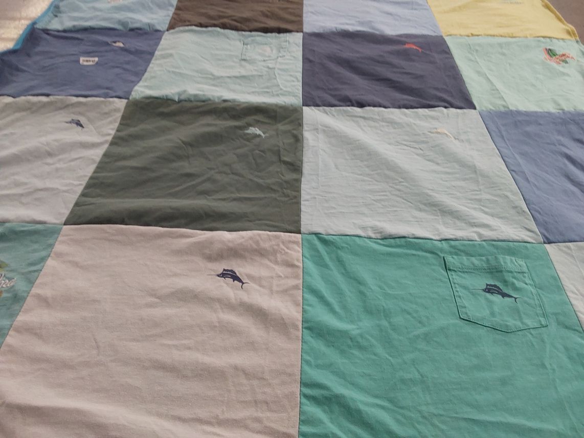 T-shirt quilt with fishing, beach themes by Olga from CA