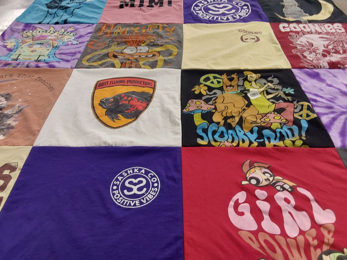 T-shirt quilt with cartoons, fishing themes by cindy from FL