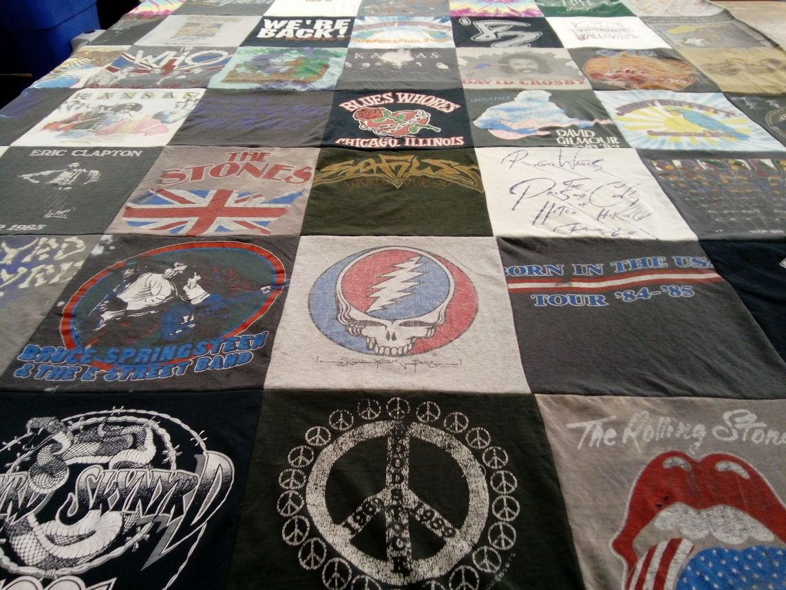 T-shirt quilt with music, rock themes by Dana from IL