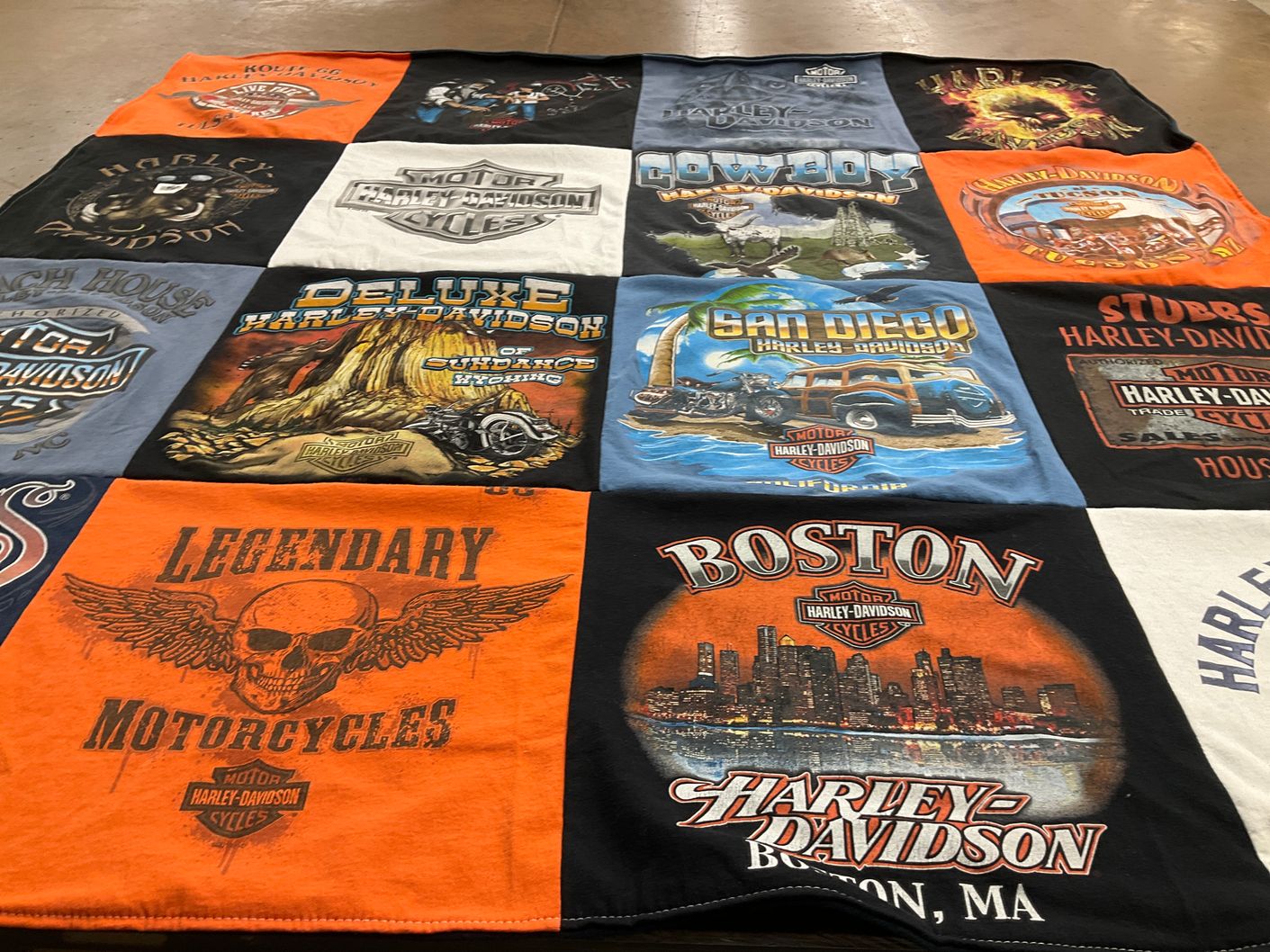 T-shirt quilt with motorcycles, biking themes by Sharon from SC