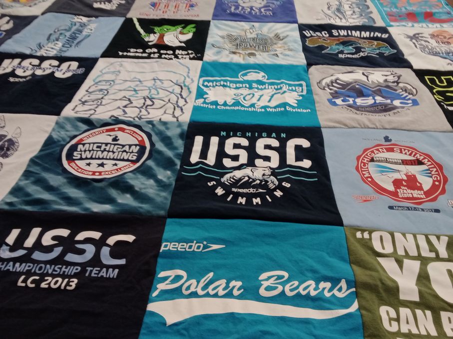 T-shirt quilt with swimming, sports themes by Cecilia from MI
