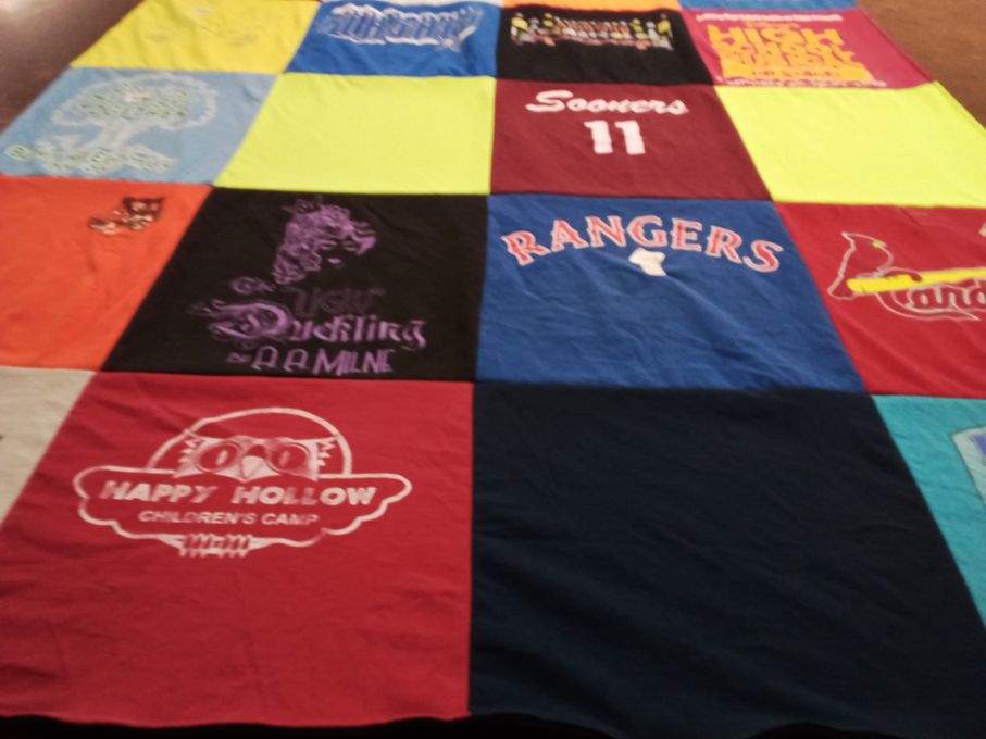 T-shirt quilt featuring university of oklahoma, texas rangers by Lori from IN