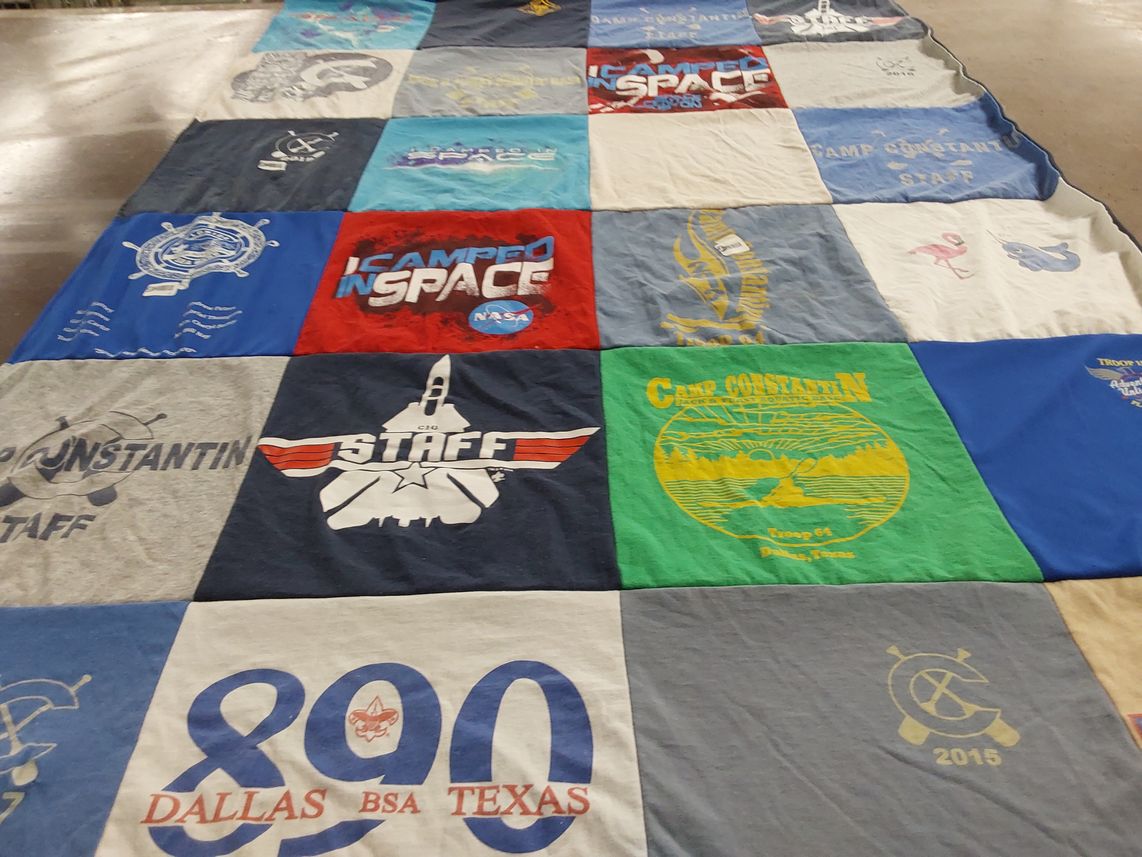 T-shirt quilt with scouting, space exploration themes by Jennifer from TX