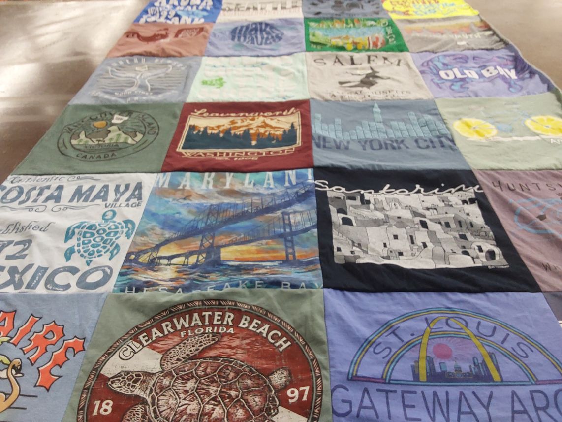 T-shirt quilt with travel, beaches themes by Haley from AL