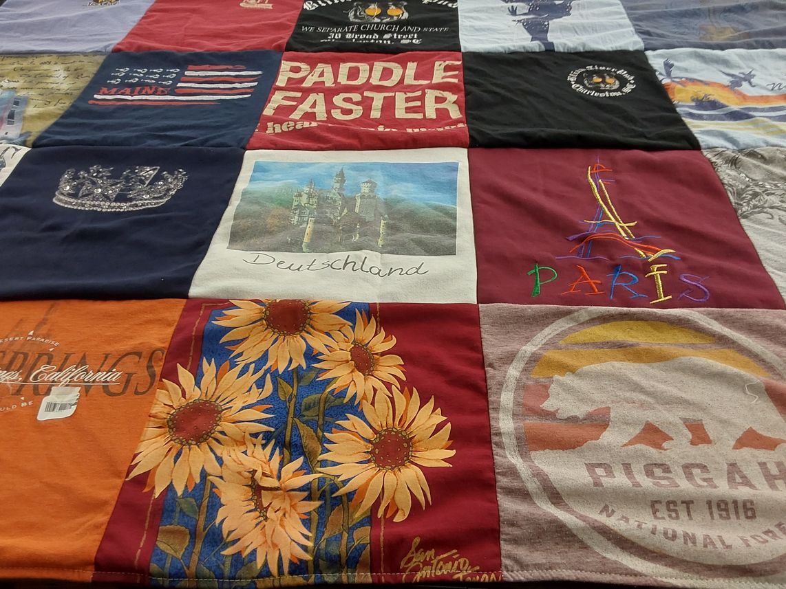 T-shirt quilt with travel, nature themes by Roberta from IN