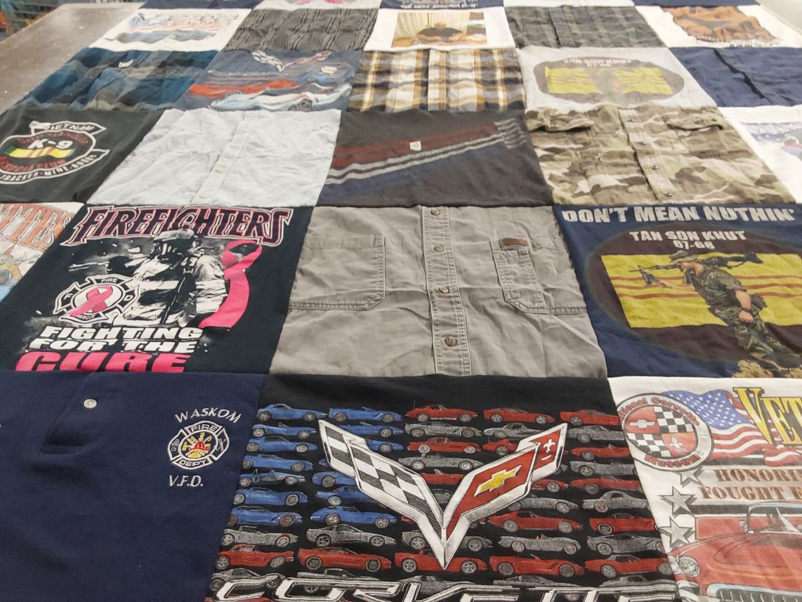 T-shirt quilt with firefighting, vintage cars themes by Robert from CA