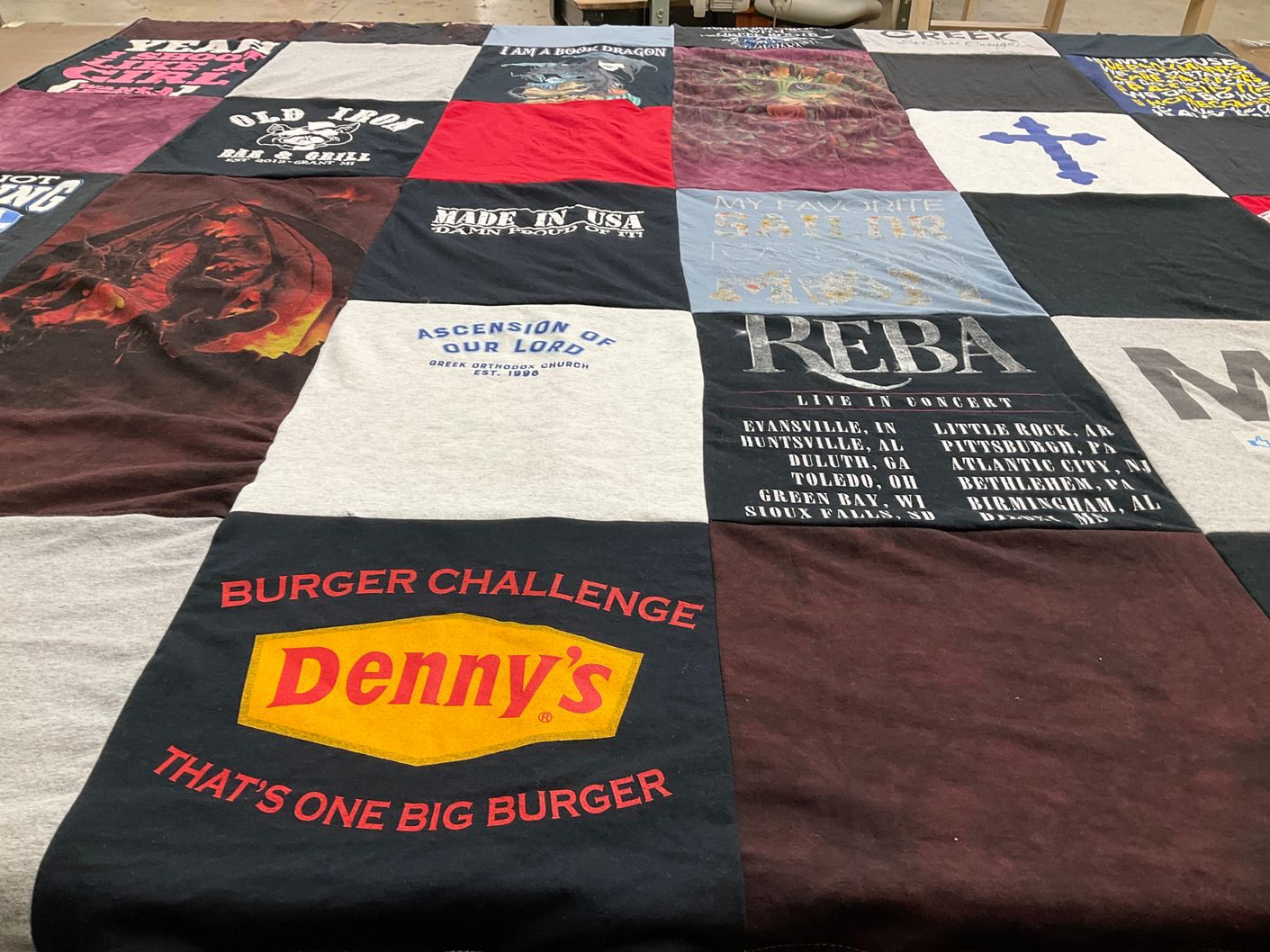T-shirt quilt with music, restaurants themes by penelope from IL