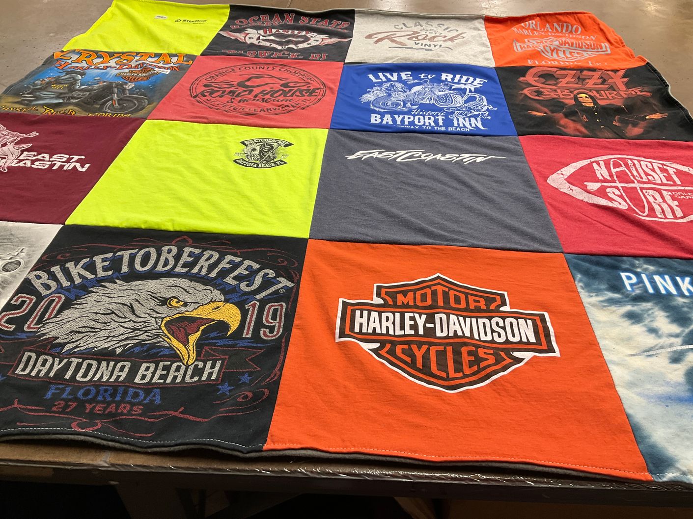 T-shirt quilt with motorcycles, surfing themes by Denise from FL