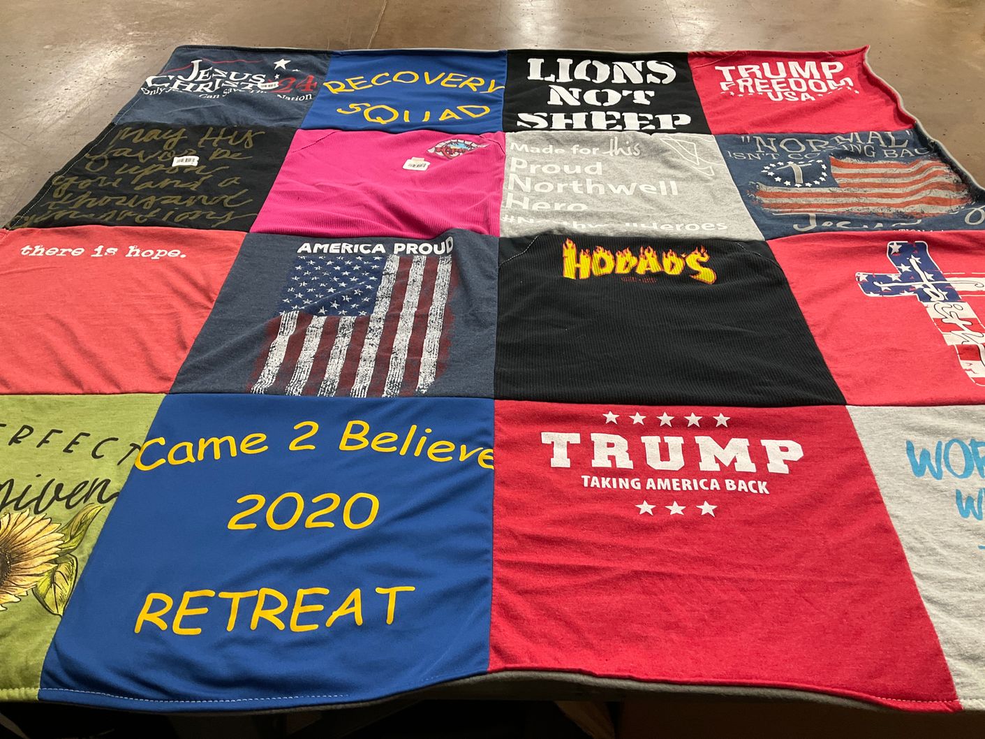 T-shirt quilt with faith, politics themes by Michelle from FL