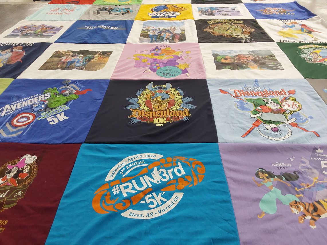 T-shirt quilt with running, disney themes by Lyndee from CA