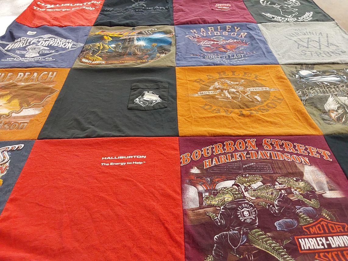 T-shirt quilt with motorcycles, biking themes by Heather from WV