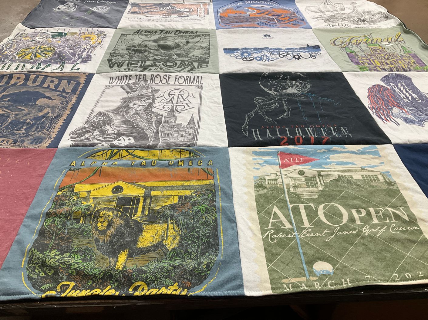 T-shirt quilt with fraternities, golf themes by CLAUDIA from FL