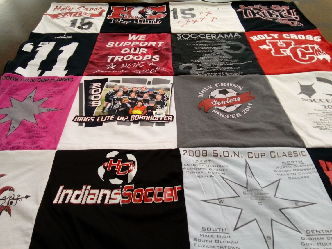 T-shirt quilt featuring holy cross soccer, indian soccer by Michelle from KY
