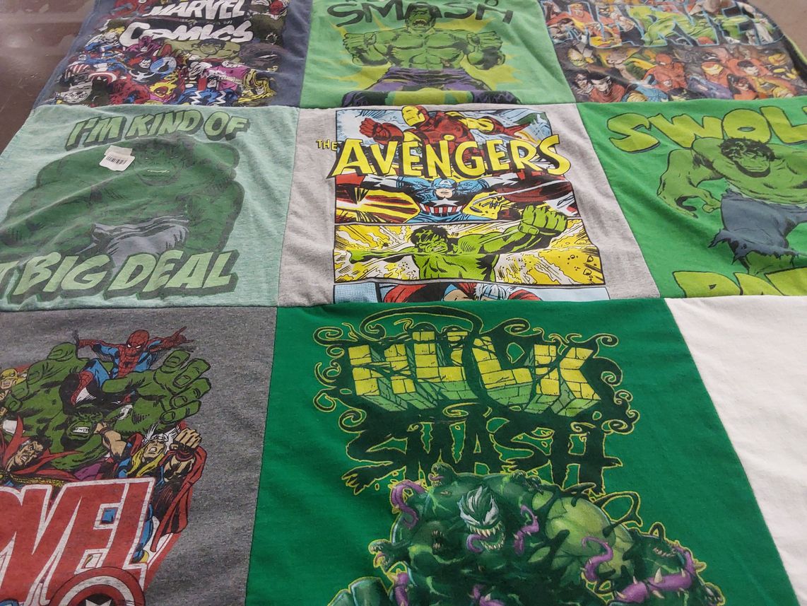 T-shirt quilt with superheroes, comics themes by Jessica from WA