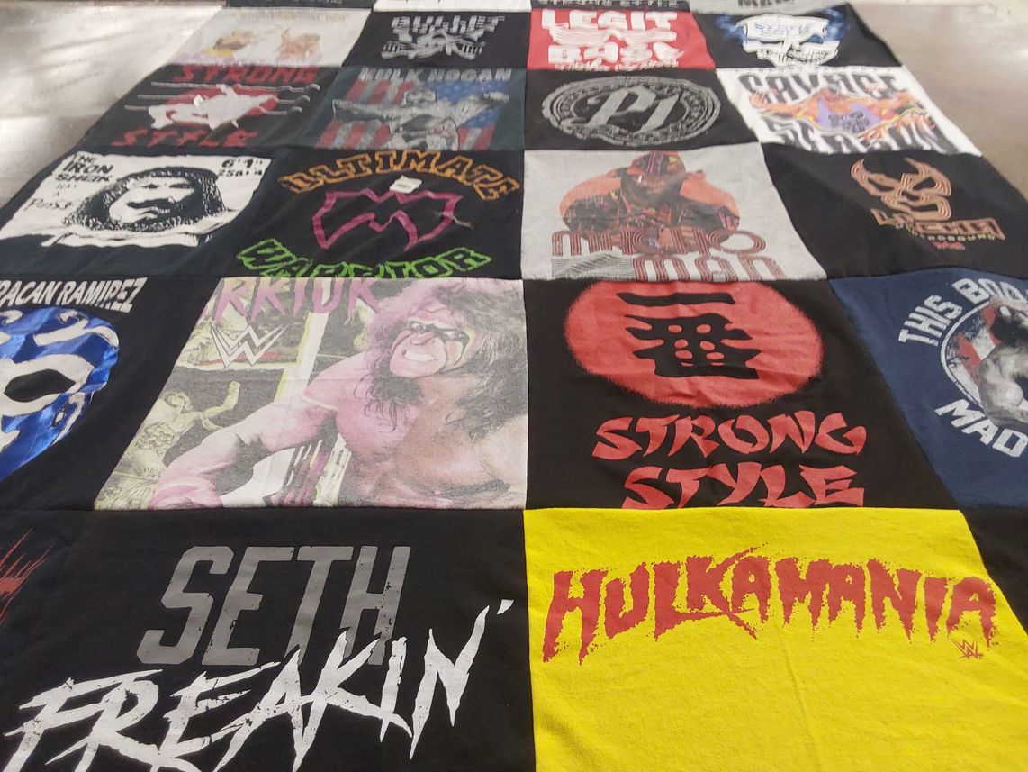 T-shirt quilt with wrestling, pop culture themes by Rhonda from AL