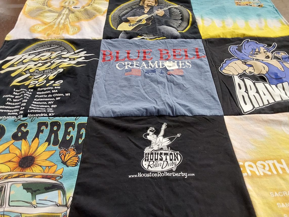 T-shirt quilt with roller derby, music themes by Denise from TX