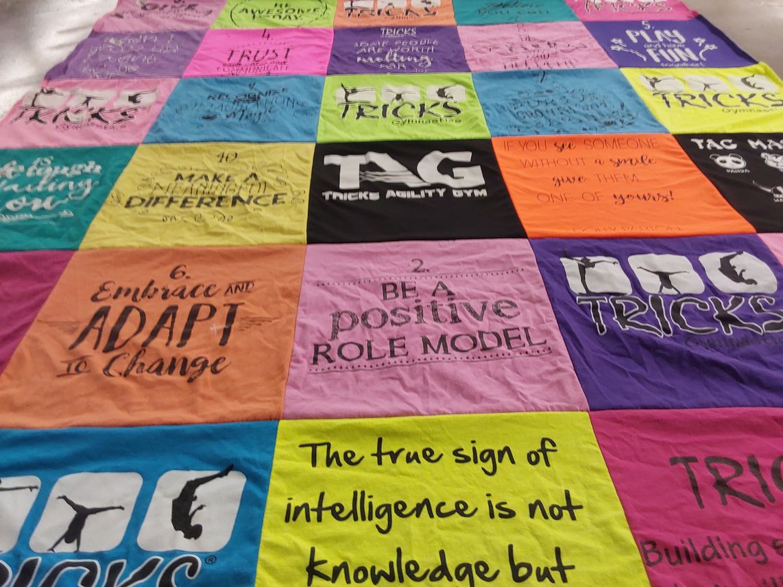 T-shirt quilt with gymnastics, motivation themes by Lauren from CA