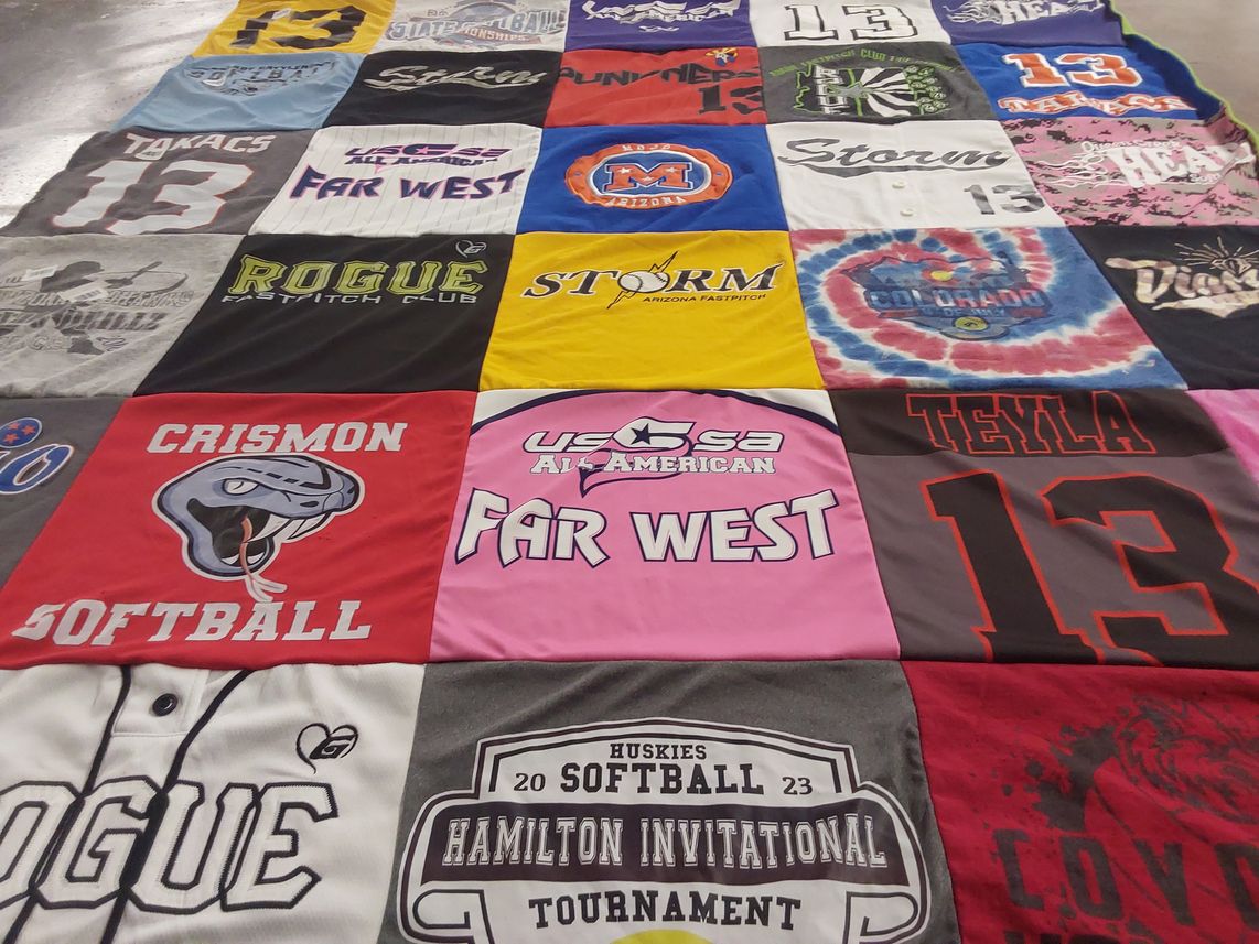 T-shirt quilt with softball, sports themes by Heather from AZ