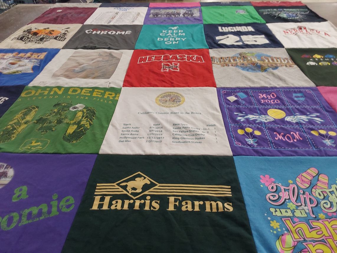 T-shirt quilt with farming, horse racing themes by lucinda from CA
